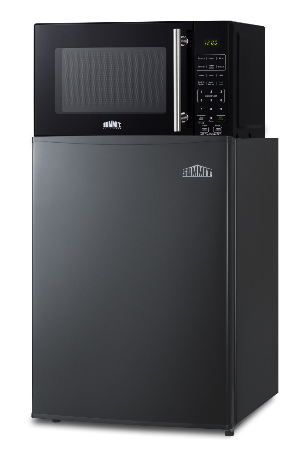 Compact all-refrigerator and microwave in black with allocator and USB ports for 1-plug operation; ships in three boxes on one pallet